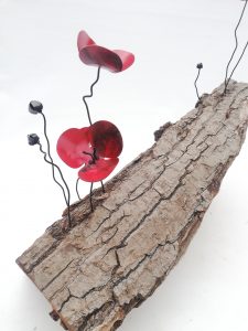 amapolas de forja sujetas a una corteza de árbol. Amapola corteza II