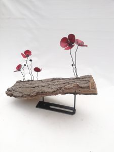 amapolas de forja sujetas a una corteza de árbol. Amapola corteza II